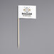 A small white rectangle flag on a stick with black text.
