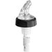 A clear plastic bottle with a black and white Choice Measured Liquor Pourer cap.
