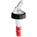 A clear and black 3-ball measured liquor pourer with a black collar and red cap.