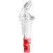 A close-up of a clear and red Choice 3-ball liquor pourer.