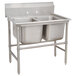 A stainless steel Advance Tabco 2-bowl sink with 24-in x 18-in x 18-in bowls.