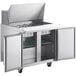 A stainless steel Avantco commercial kitchen prep table with two doors open.