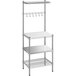 A white metal Regency baker's rack with wire and stainless steel shelves.
