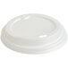 A white translucent plastic lid for New Roots paper hot cups with a hole.