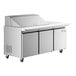 An Avantco stainless steel refrigerated sandwich prep table with three doors.