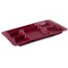 A cranberry Cambro serving tray with six compartments.