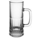 A Libbey clear glass beer mug with a handle.