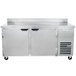 A stainless steel Beverage-Air worktop freezer with two white doors.