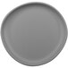 A close-up of a grey irregular round melamine plate.