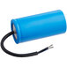 An Avantco blue cylindrical capacitor with black wire.