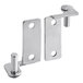 A pair of metal hinges with stainless steel latch plates and holes.