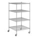 A Regency chrome wire shelving unit on wheels with four shelves.