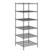 A black metal wire shelving unit with six shelves.