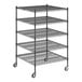 A Regency black wire shelving unit with wheels and 5 shelves.