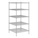 A white wireframe Regency metal shelving unit with four shelves.