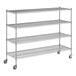 A Regency chrome wire shelving unit with wheels and four shelves.