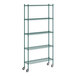 A Regency green wire shelving starter kit with wheels and five shelves.