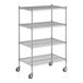 A Regency chrome mobile wire shelving starter kit with four shelves and wheels.