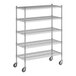 A Regency chrome mobile wire shelving unit with wheels.