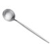 An Acopa Odin stainless steel bouillon spoon with a long handle.