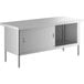 A white rectangular Steelton stainless steel table with an enclosed base and sliding doors.