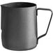 An Acopa black metal frothing pitcher with a handle.