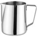 An Acopa stainless steel frothing pitcher with a handle.