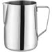 A silver stainless steel Estella Caffe frothing pitcher with a handle.