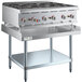 A Cooking Performance Group stainless steel countertop range with six burners on a stainless steel stand.