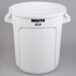 A white plastic Rubbermaid BRUTE 10 gallon round trash can with black text.