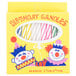A box of Sterno multi-colored birthday candles with a red circle on a yellow background.