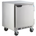 A silver Beverage-Air undercounter freezer with wheels.