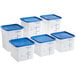 A group of six white square plastic containers with blue lids.