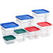 A group of Vigor clear square polycarbonate food storage containers with multicolored lids.