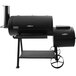 A black Old Country BBQ Pits Brazos offset smoker on a black metal stand.