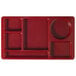 A red Cambro 6 compartment tray with circles and rectangles.