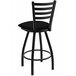 A Holland Bar Stool Jackie Ladderback swivel restaurant bar stool with black vinyl seat and black wrinkle finish.