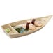 A GET Japanese Traditional two compartment boat plate with sushi on it.
