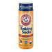An Arm & Hammer baking soda shaker with white lid containing 12 oz of baking soda.