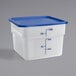 A translucent plastic food storage container with a blue lid.