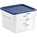 A white and blue translucent plastic container with a blue lid.
