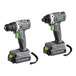 A couple of Genesis 20V Lithium-Ion Cordless Variable Speed Drills with green and black handles.