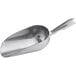 A silver aluminum scoop with a handle.