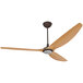 A Big Ass Fans Haiku indoor ceiling fan with bamboo blades and a bronze base with a light.