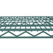 A green Metroseal wire shelf with a grid pattern.