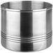 A silver stainless steel snack can with a band around it.