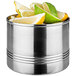 A silver stainless steel snack can full of lemons and limes.