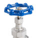A blue T&S mixing valve on a metal pipe.