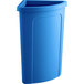 A blue Lavex corner round trash can with a blue lid.