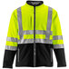 A yellow and black RefrigiWear insulated softshell jacket with reflective stripes.